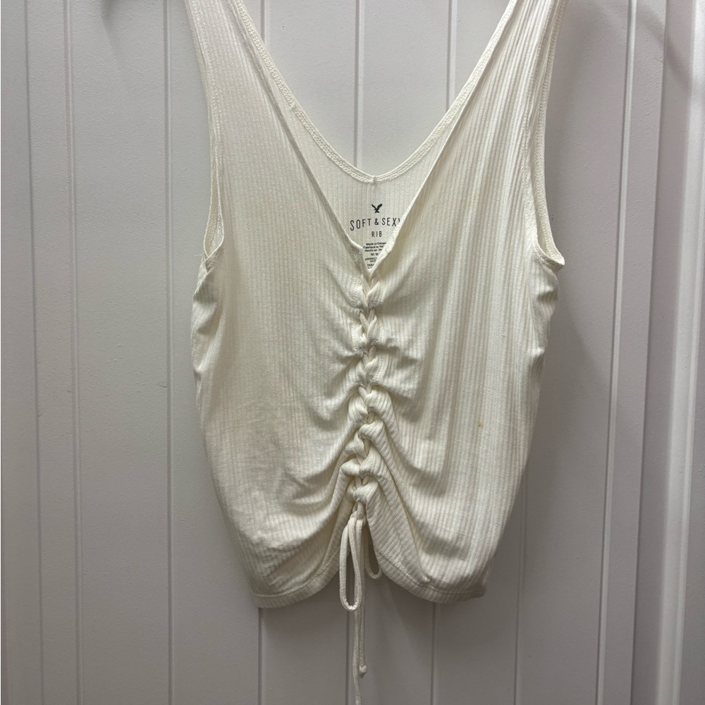 American Eagle Outfitters Cream Ribbed Drawstring Tank